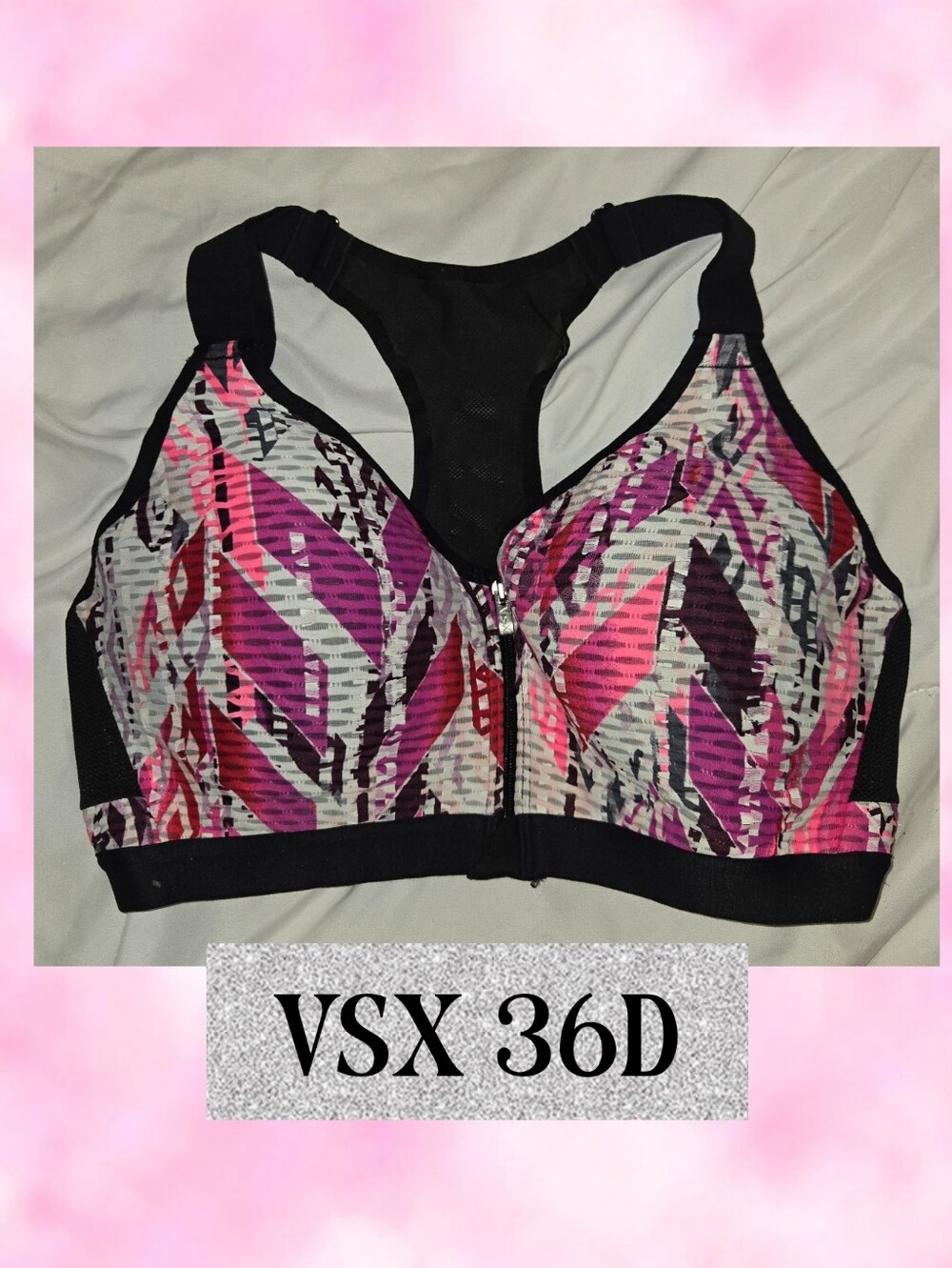 VSX High-Impact Front-Zip Sports Bra in Pink Multi Sz 36D